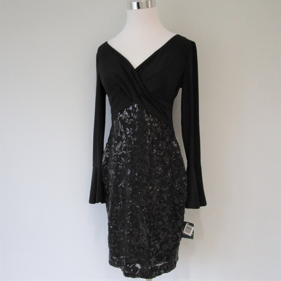 NWT Black Sequin Bell Sleeve Cocktail Midi Dress Size 2 Petite - Picture 3 of 8